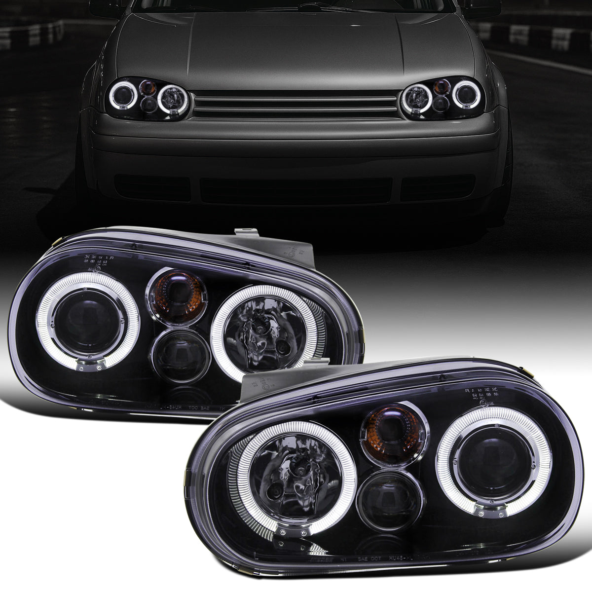 Ronnin - Fits 1999-2006 Volkswagen Golf MK4 GTI Cabrio R32 Upgrade Replacement LED Dual Rims Projector Headlights Assembly Pair | Black Smoke