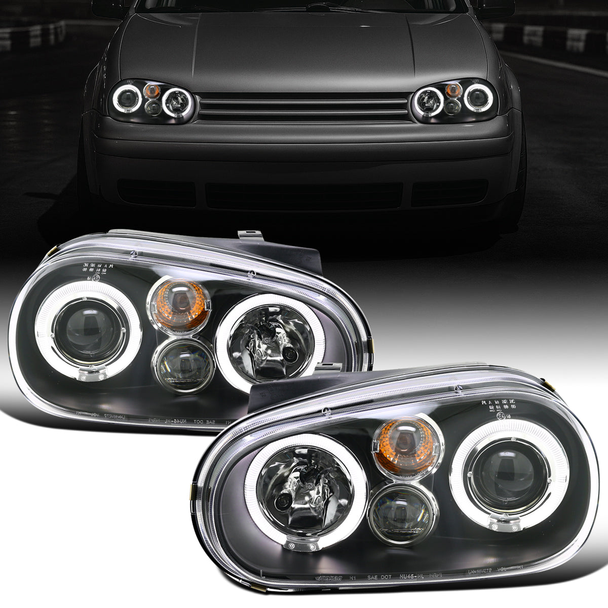 Ronnin - Fits 1999-2006 Volkswagen Golf MK4 GTI Cabrio R32 Upgrade Replacement LED Dual Rims Projector Headlights Assembly Pair | Black