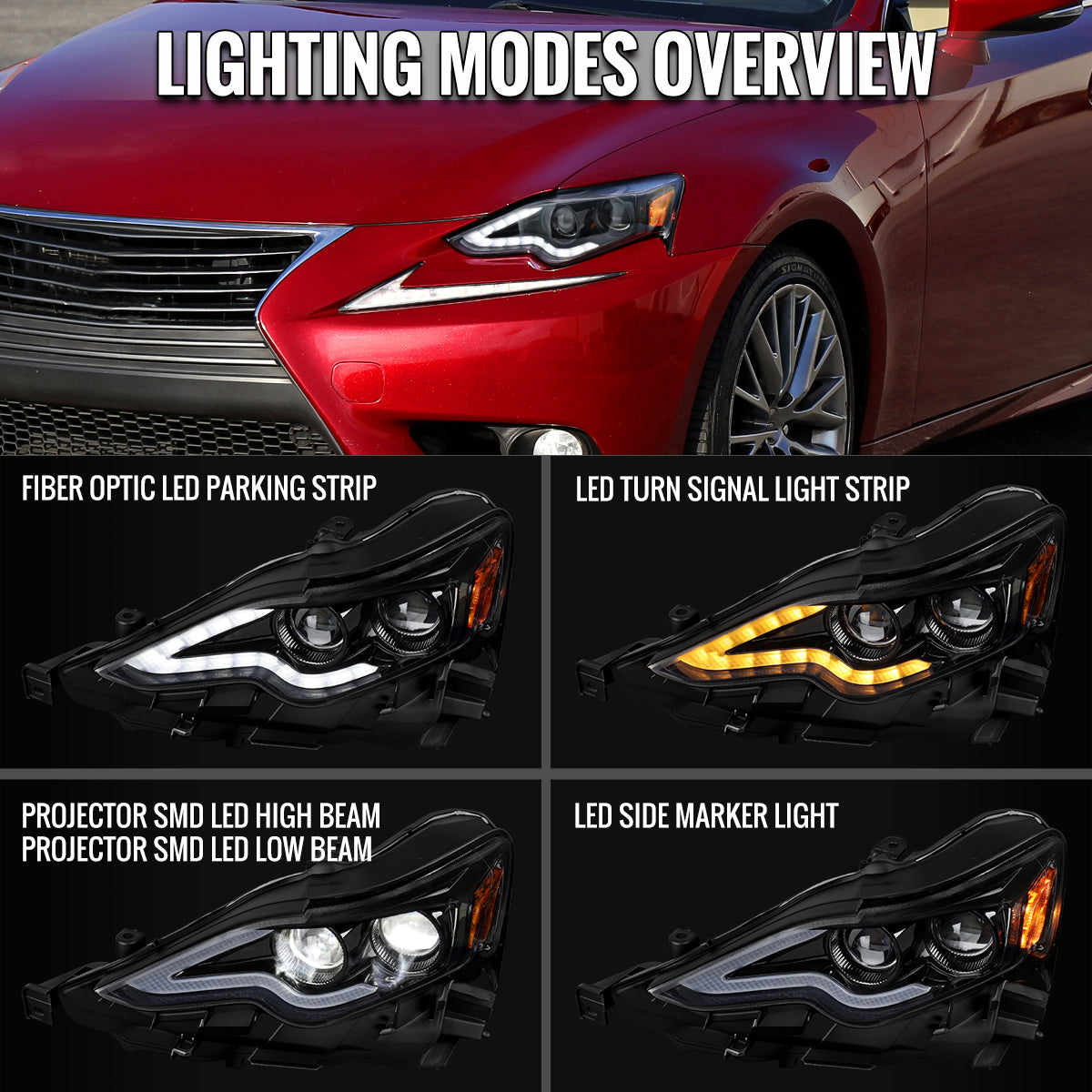 Ronnin - Fits 2014-2016 Lexus IS250 IS350 Upgraded Replacement Full LED Dual Projector Headlights Switchback Turn Signals Assembly Pair | Gloss Black