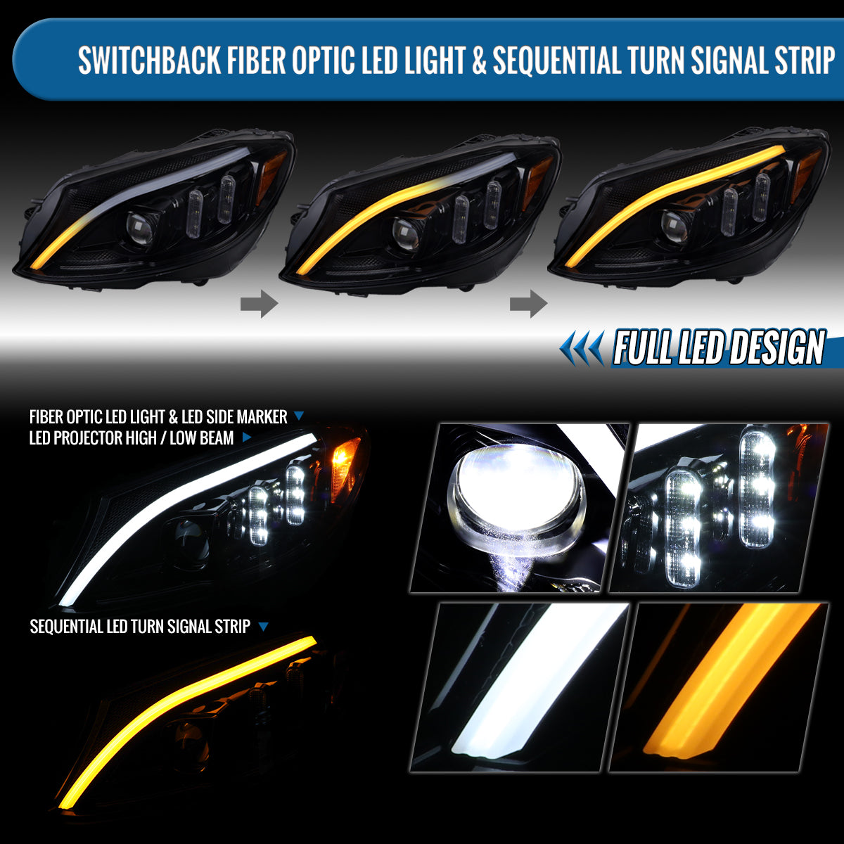 Ronnin - Fits 2015-2018 Mercedes-Benz C-Class W205 Upgraded Full LED Halogen Projector Headlights Switchback Sequential Turn Signals Assembly Pair | Black Smoke