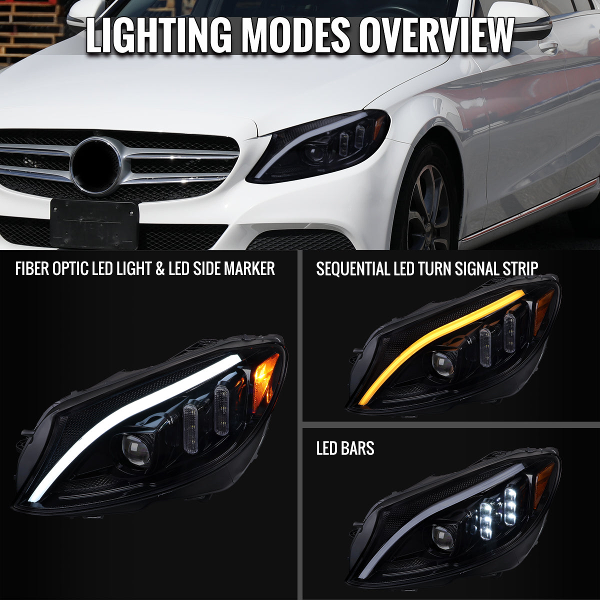 Ronnin - Fits 2015-2018 Mercedes-Benz C-Class W205 Upgraded Full LED Halogen Projector Headlights Switchback Sequential Turn Signals Assembly Pair | Black Smoke