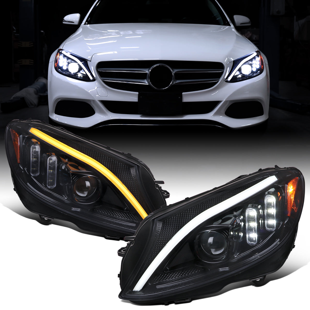 Ronnin - Fits 2015-2018 Mercedes-Benz C-Class W205 Upgraded Full LED Halogen Projector Headlights Switchback Sequential Turn Signals Assembly Pair | Black Smoke