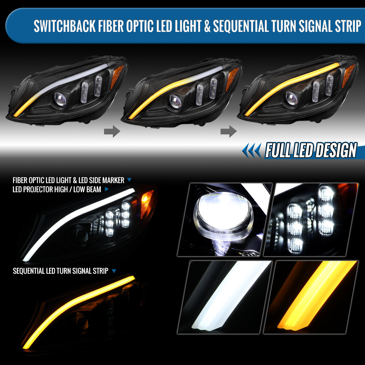 Ronnin - Fits 2015-2018 Mercedes-Benz C-Class W205 Upgraded Full LED Halogen Projector Headlights Switchback Sequential Turn Signals Assembly Pair | Black