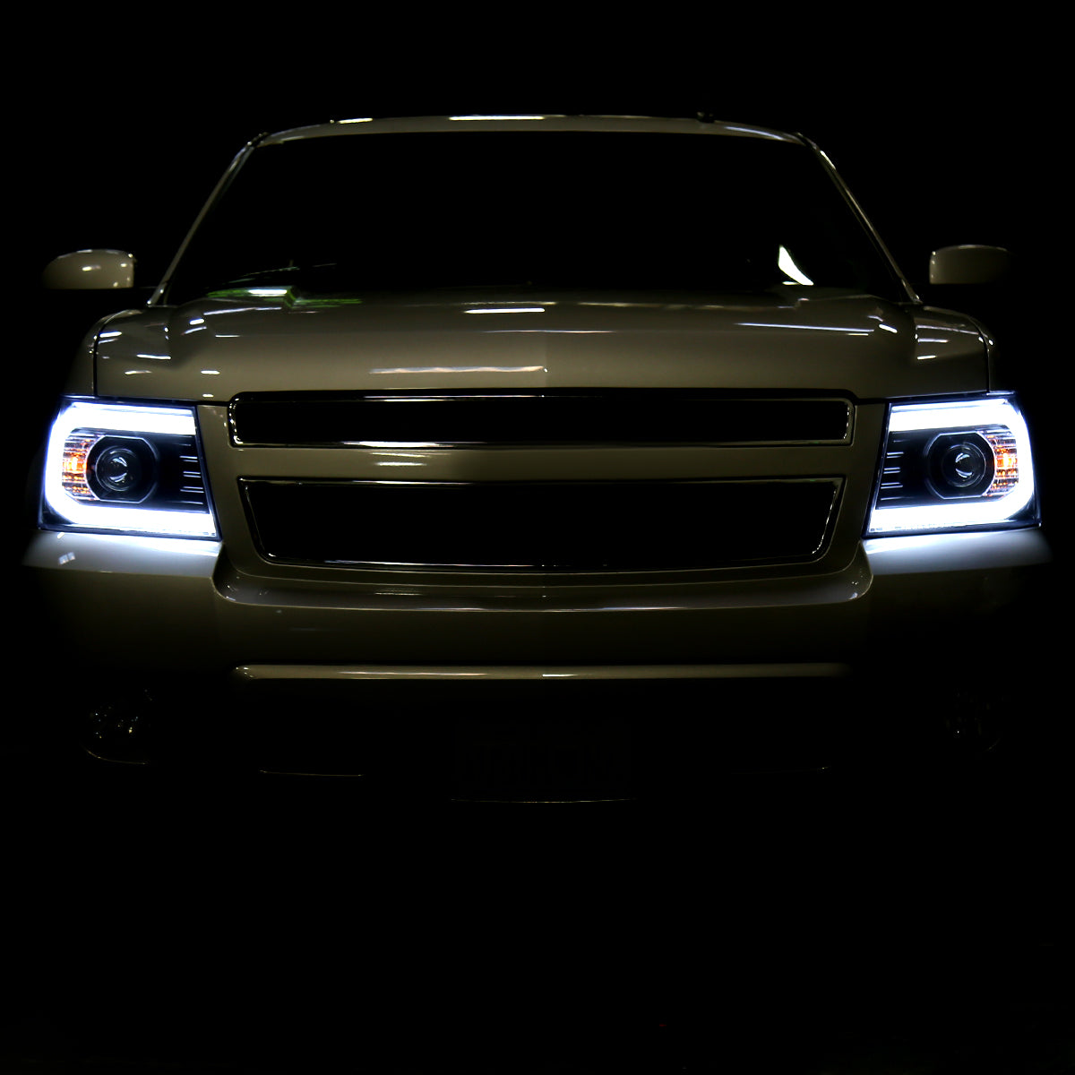 Ronnin - Fits 2007-2014 Chevy Avalanche Tahoe Suburban 1500 2500 Projector Headlights LED Dual Halo Rims Running Lights Assembly Pair | Gloss Black