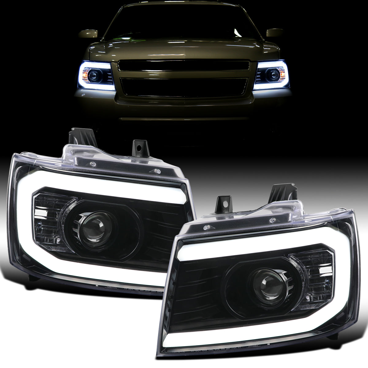 Ronnin - Fits 2007-2014 Chevy Avalanche Tahoe Suburban 1500 2500 Projector Headlights LED Dual Halo Rims Running Lights Assembly Pair | Gloss Black