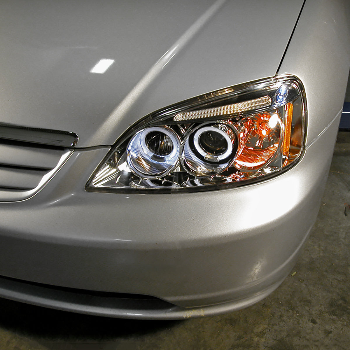 Ronnin - Fits 2001-2003 Honda Civic 2-Door 4-Door LED Angel Eyes Dual Halo Rims Projector Headlights Replacement Pair | Chrome