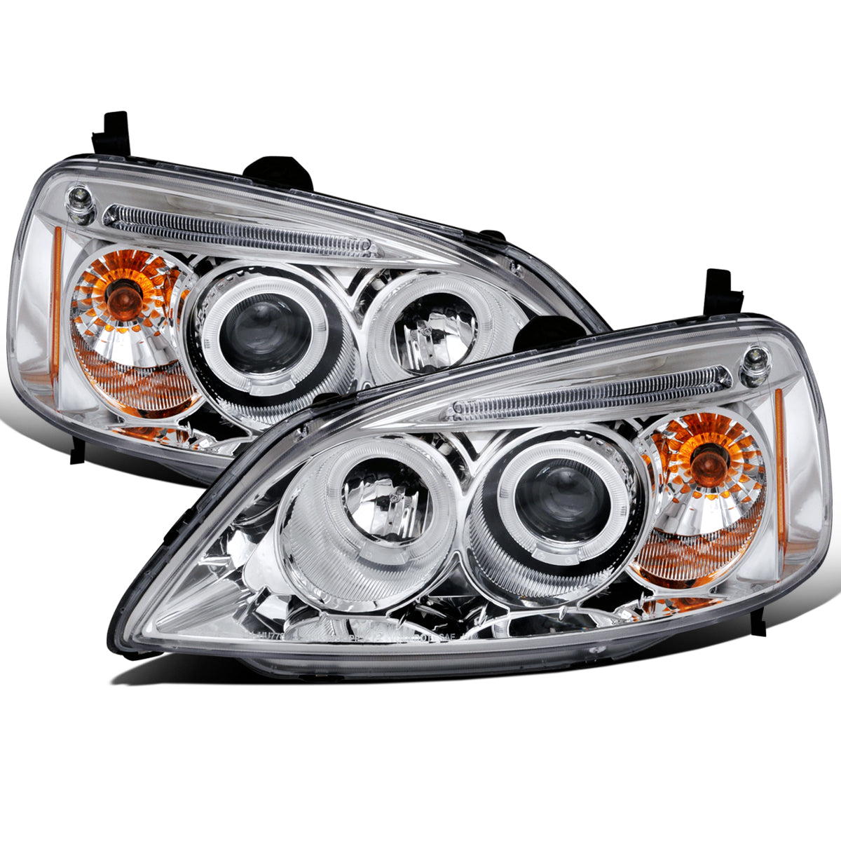 Ronnin - Fits 2001-2003 Honda Civic 2-Door 4-Door LED Angel Eyes Dual Halo Rims Projector Headlights Replacement Pair | Chrome