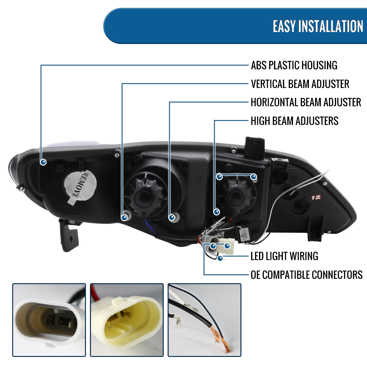 Ronnin - Fits 2006-2011 Honda Civic 4-Door Sedan LED Angel Eyes Dual Halo Rims Projector Headlights Replacement Pair | Black Smoke