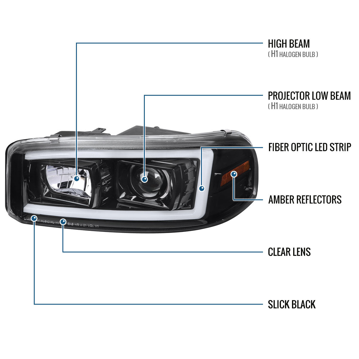 Ronnin - Fits 1999-2007 GMC Sierra Yukon XL Denali Upgraded Replacement LED Tube Running Lights Projector Headlights Assembly Pair | Glossy Black