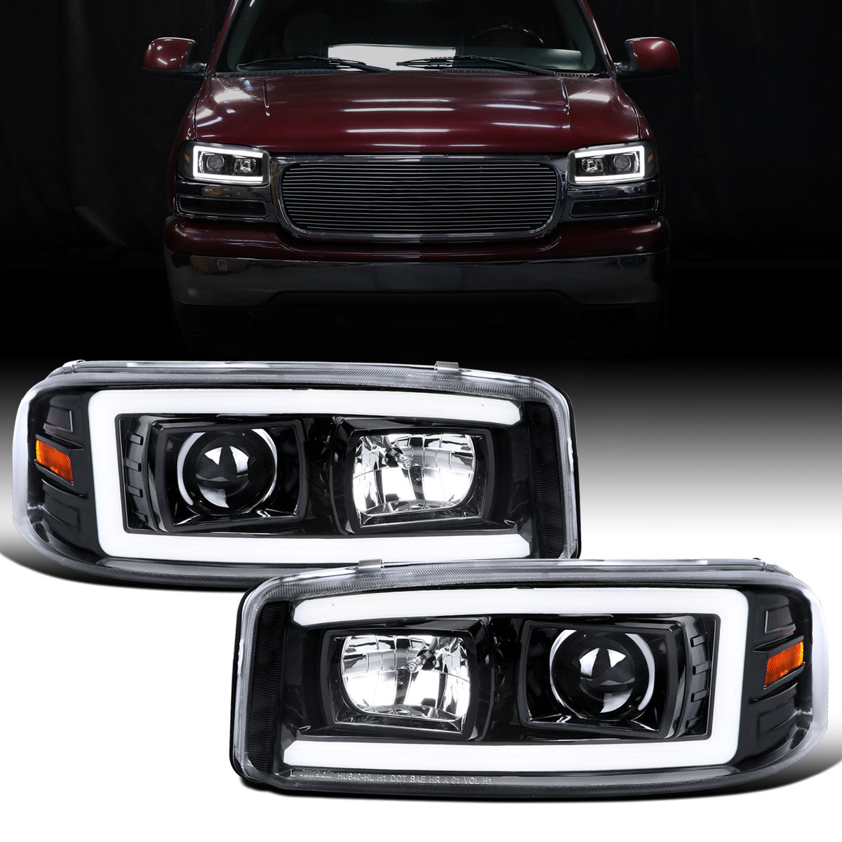 Ronnin - Fits 1999-2007 GMC Sierra Yukon XL Denali Upgraded Replacement LED Tube Running Lights Projector Headlights Assembly Pair | Glossy Black