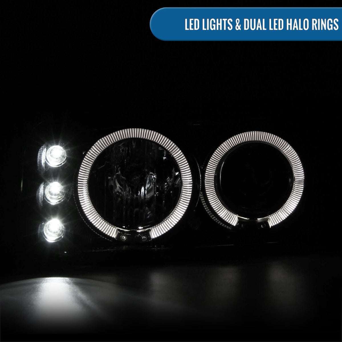 Ronnin - Fits 1999-2007 GMC Sierra Classic Yukon Denali Upgraded Replacement LED Dual Halo Rims Running Lights Projector Headlights Assembly Pair | Black Smoke