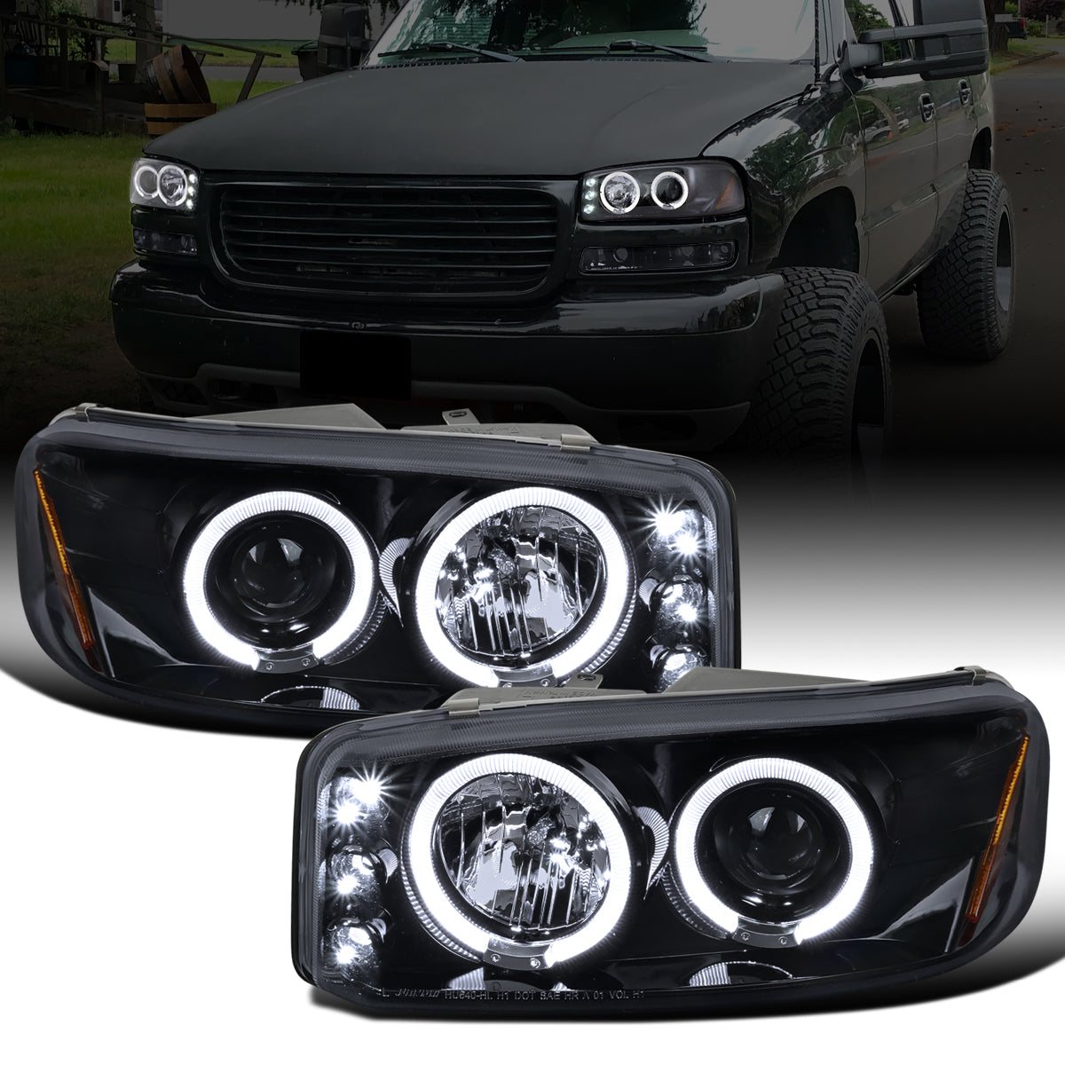 Ronnin - Fits 1999-2007 GMC Sierra Classic Yukon Denali Upgraded Replacement LED Dual Halo Rims Running Lights Projector Headlights Assembly Pair | Black Smoke