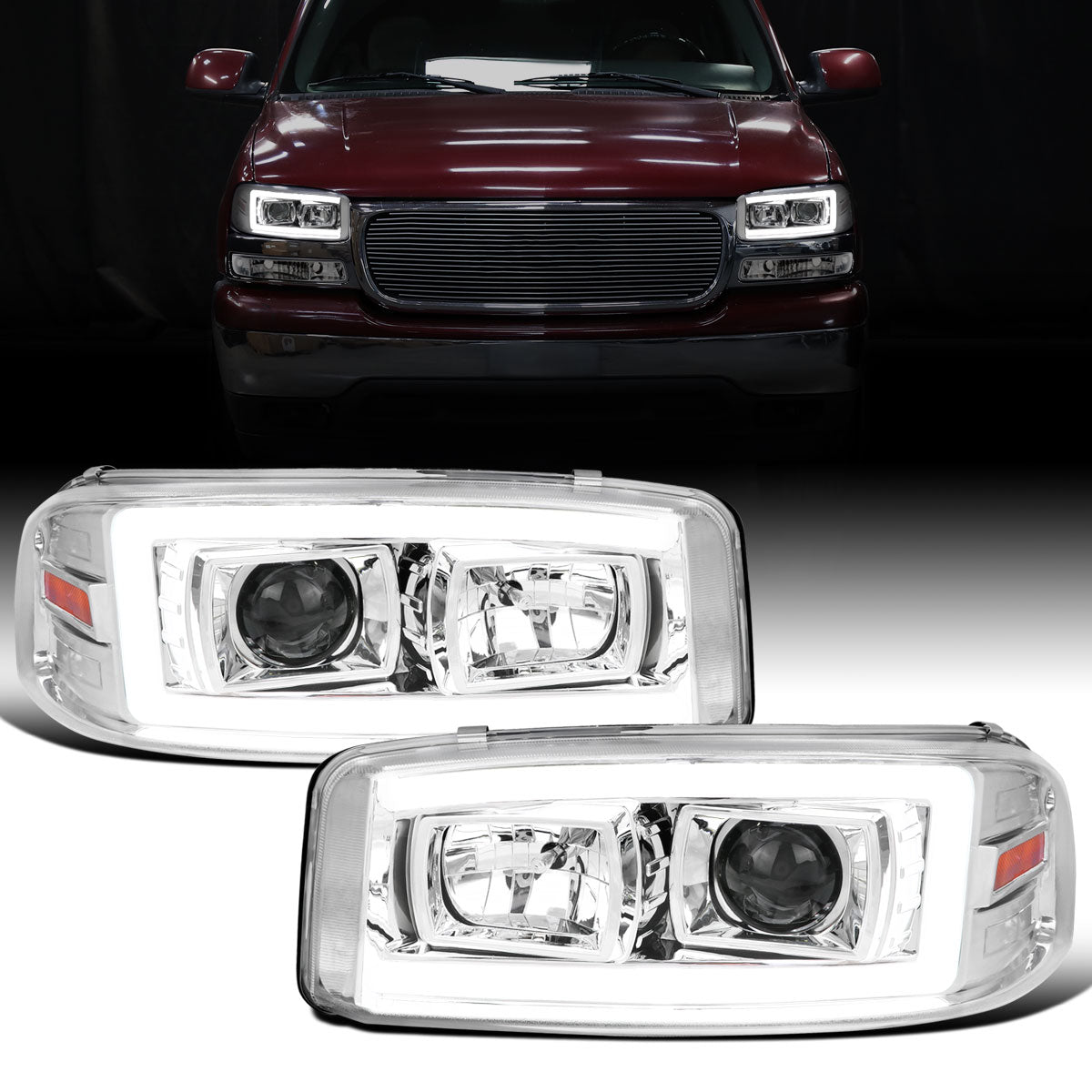 Ronnin - Fits 1999-2007 GMC Sierra Yukon XL Denali Upgraded Replacement LED Tube Running Lights Projector Headlights Assembly Pair | Chrome