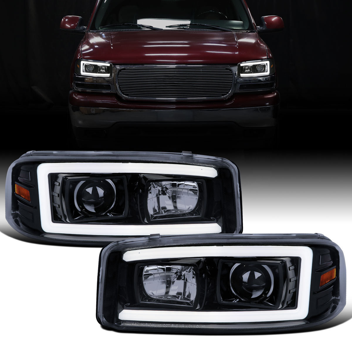Ronnin - Fits 1999-2007 GMC Sierra Yukon XL Denali Upgraded Replacement LED Tube Running Lights Projector Headlights Assembly Pair | Black Smoke