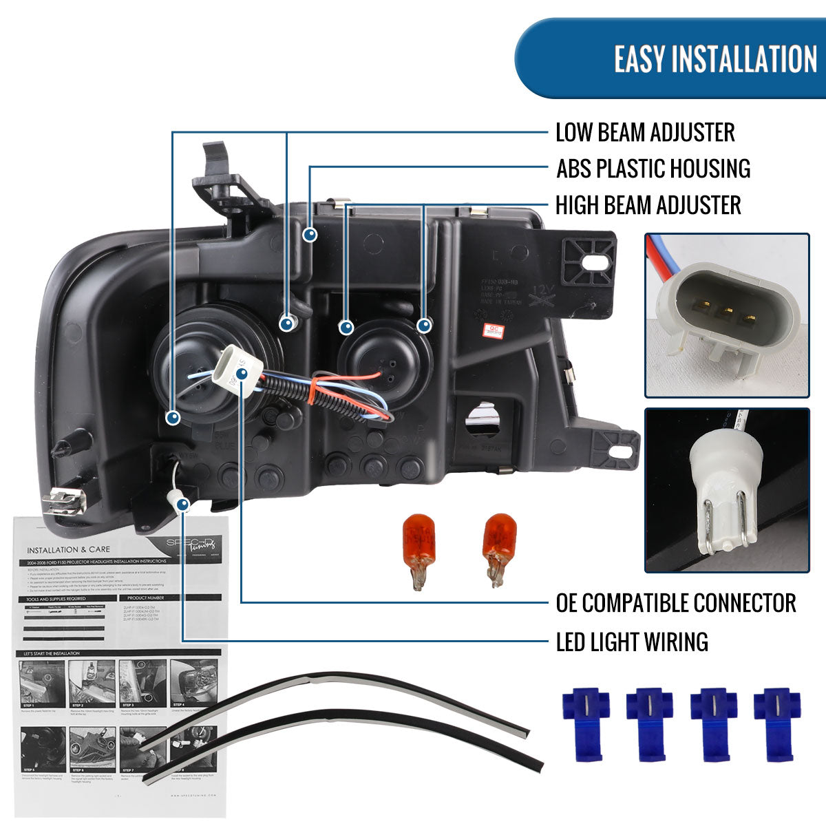 Ronnin - Fits 2004-2008 Ford F150 Lincoln Mark LT Upgraded Replacement LED Tube Driving Lights Projector Headlights Assembly Pair | Chrome