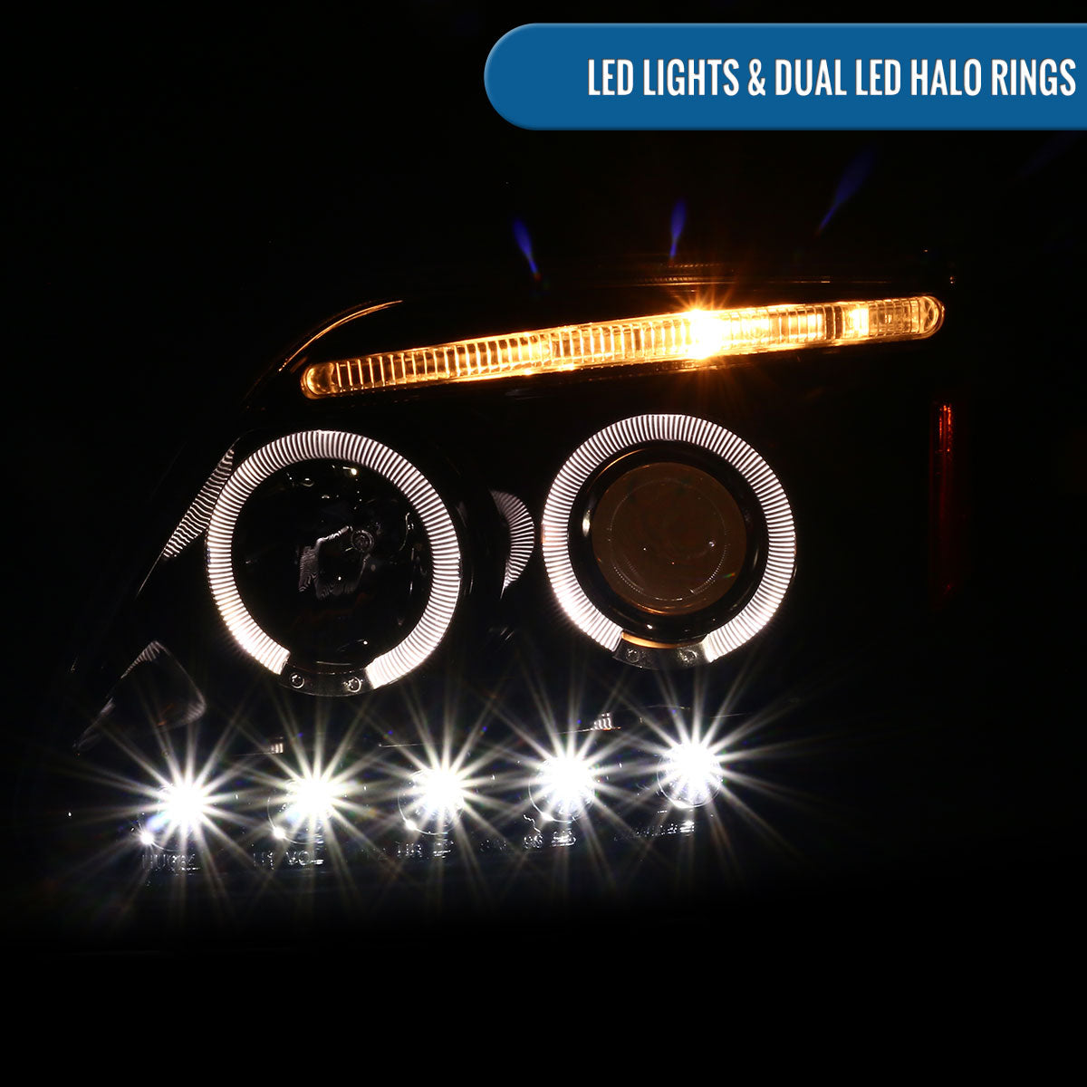 Ronnin - Fits 1997-2004 Ford F150 1997-2002 Ford Expedition Upgrade Replacement LED Dual Rims Projector Headlights Assembly Pair | Gloss Black