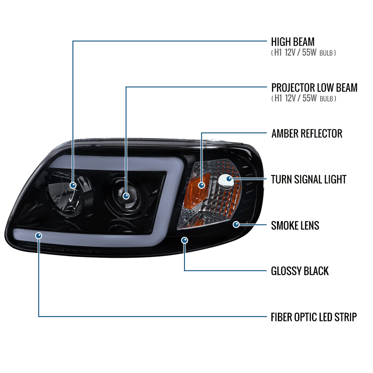Ronnin - Fits 1997-2003 Ford F150 Expedition 2004 F150 Heritage All-in-One Upgraded Replacement LED Tube Running Lights Projector Headlights Assembly Pair | Black Smoke