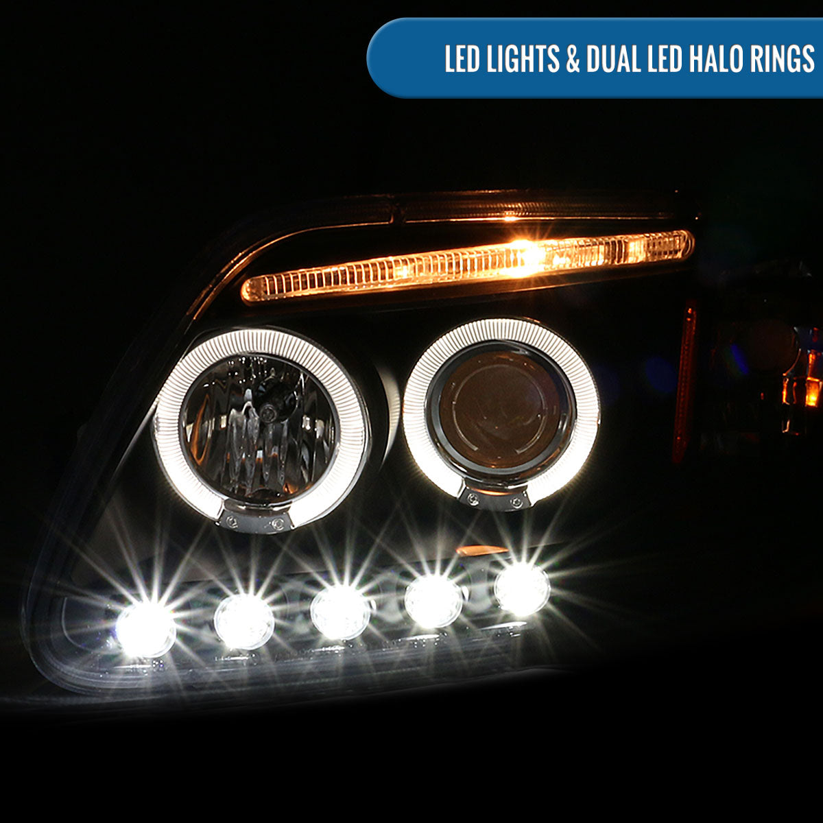 Ronnin - Fits 1997-2004 Ford F150 1997-2002 Ford Expedition Upgrade Replacement LED Dual Rims Projector Headlights Assembly Pair | Black