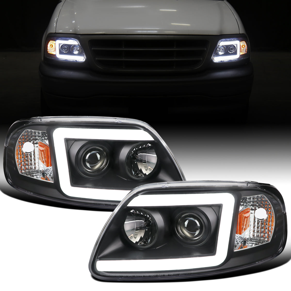 Ronnin - Fits 1997-2003 Ford F150 Expedition 2004 F150 Heritage All-in-One Upgraded Replacement LED Tube Running Lights Projector Headlights Assembly Pair | Black
