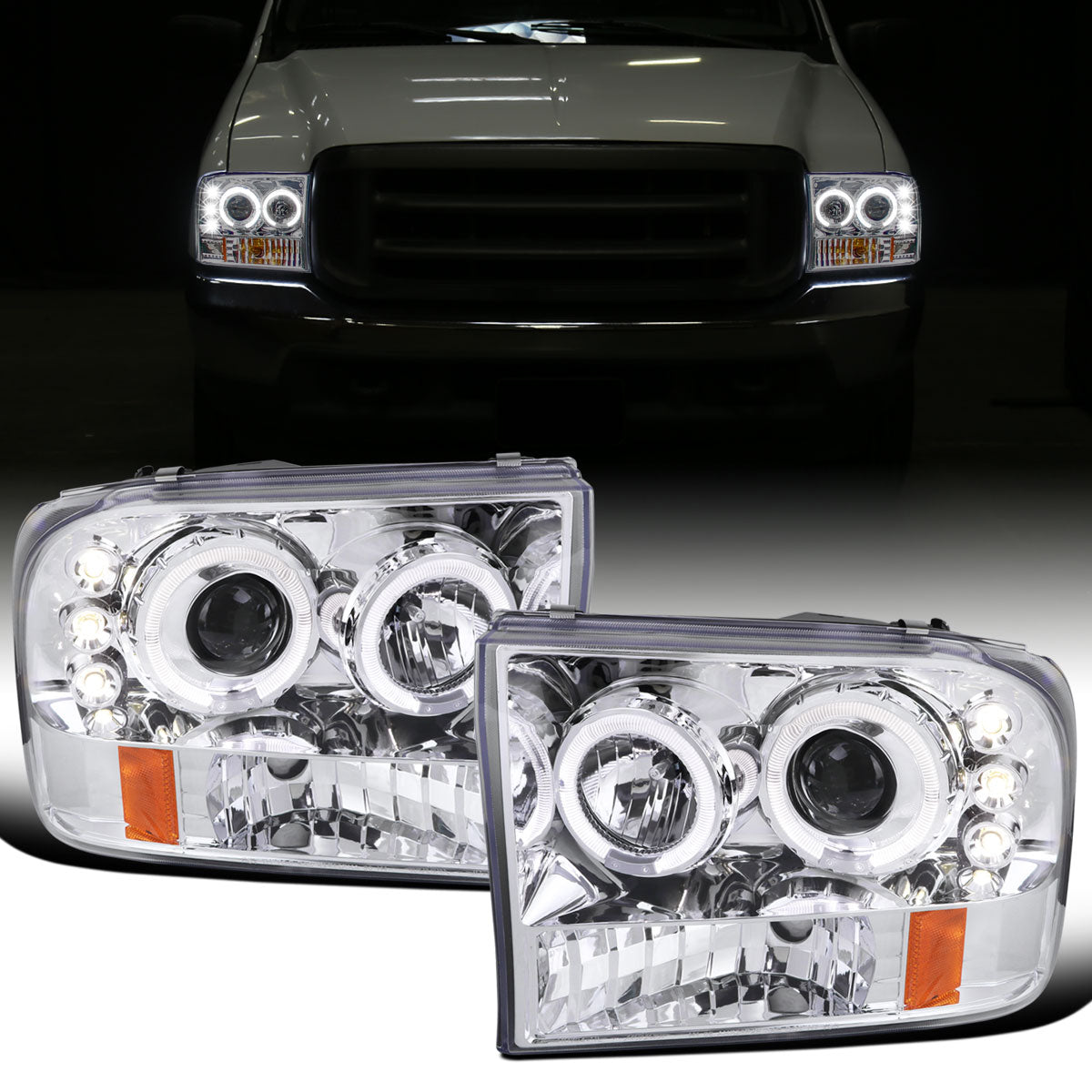 Ronnin - Fits 1999-2004 Ford F250 F350 F450 F550 Excursion US Spec Upgrade Replacement LED Dual Rims Projector Headlights Assembly Pair | Chrome