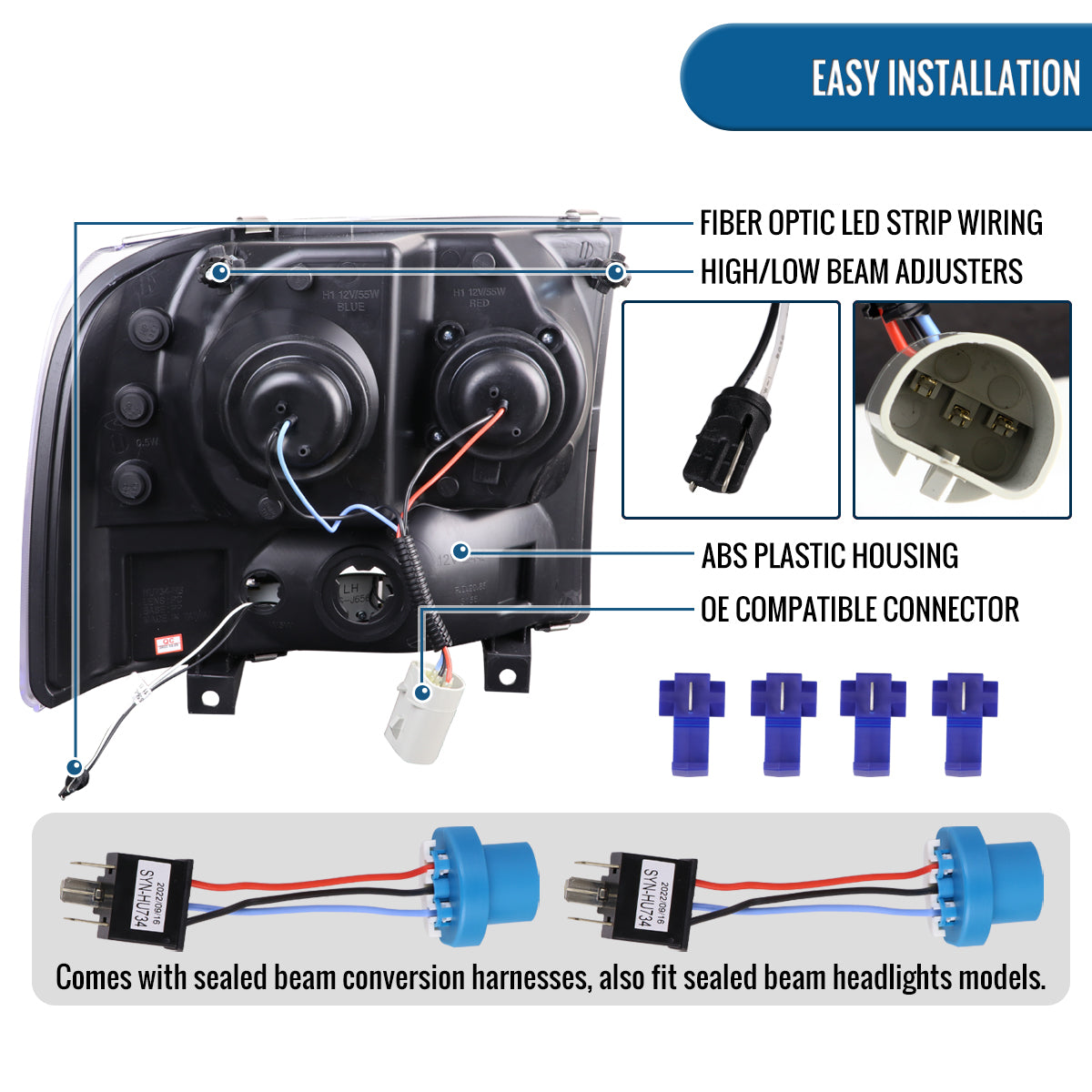 Ronnin - Fits 1999-2004 Ford F250 F350 F450 F550 Super Duty 2000-2004 Excursion Upgraded Replacement LED Running Lights Projector Headlights Assembly Pair | Gloss Black
