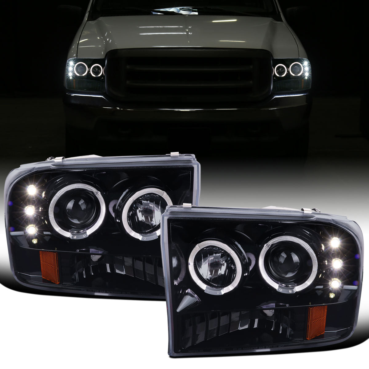 Ronnin - Fits 1999-2004 Ford F250 F350 F450 F550 Excursion US Spec Upgrade Replacement LED Dual Rims Projector Headlights Assembly Pair | Smoke