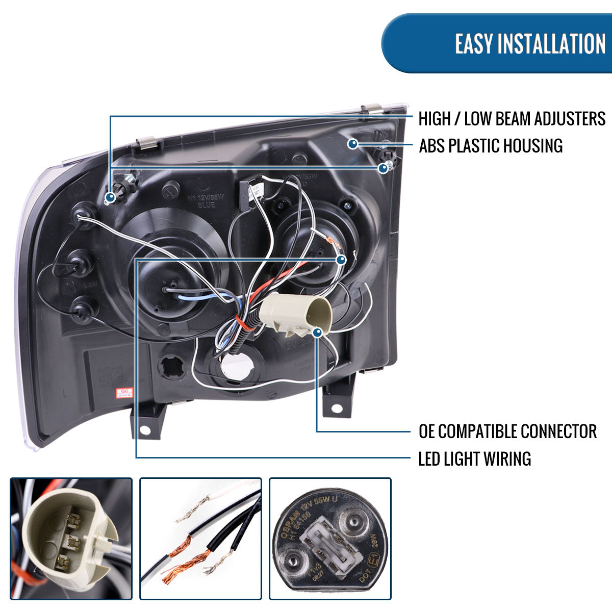 Ronnin - Fits 1999-2004 Ford F250 F350 F450 F550 Excursion US Spec Upgrade Replacement LED Dual Rims Projector Headlights Assembly Pair | Black