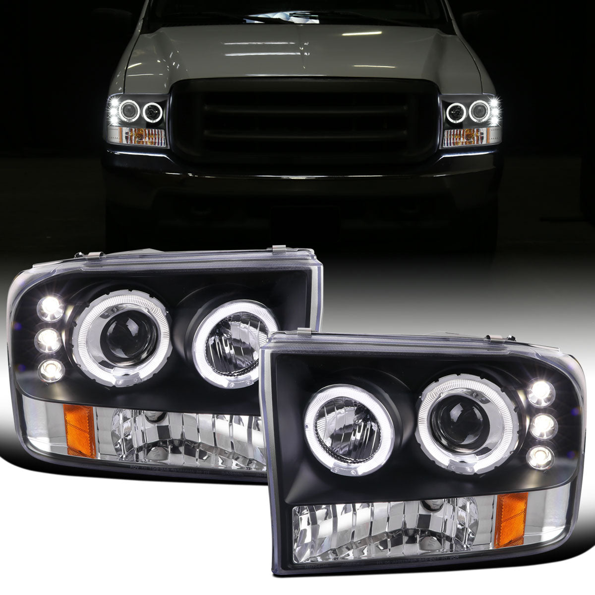 Ronnin - Fits 1999-2004 Ford F250 F350 F450 F550 Excursion US Spec Upgrade Replacement LED Dual Rims Projector Headlights Assembly Pair | Black