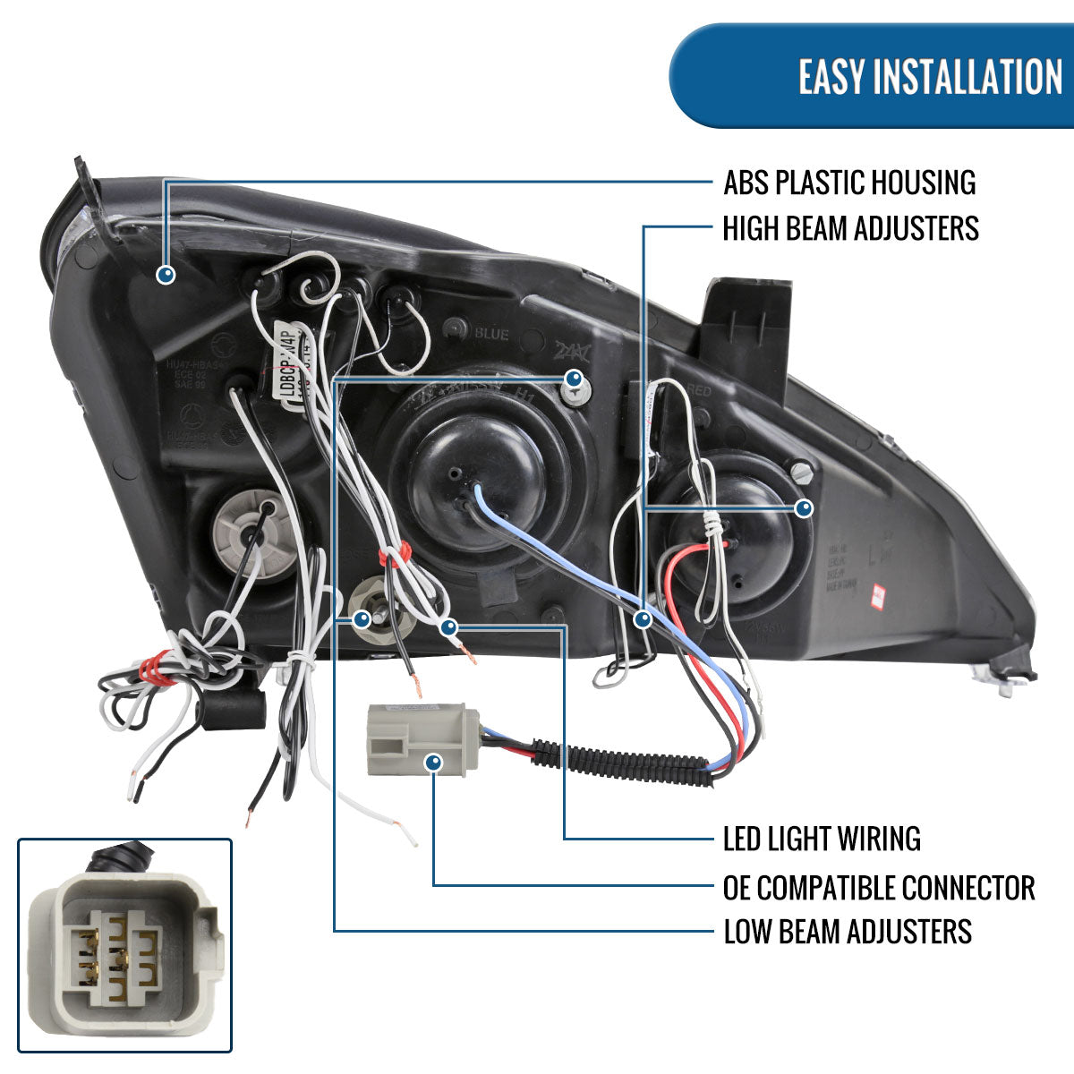 Ronnin - Fits 2000-2004 Ford Focus Upgrade Replacement LED Dual Rims Projector Headlights Assembly Pair | Chrome