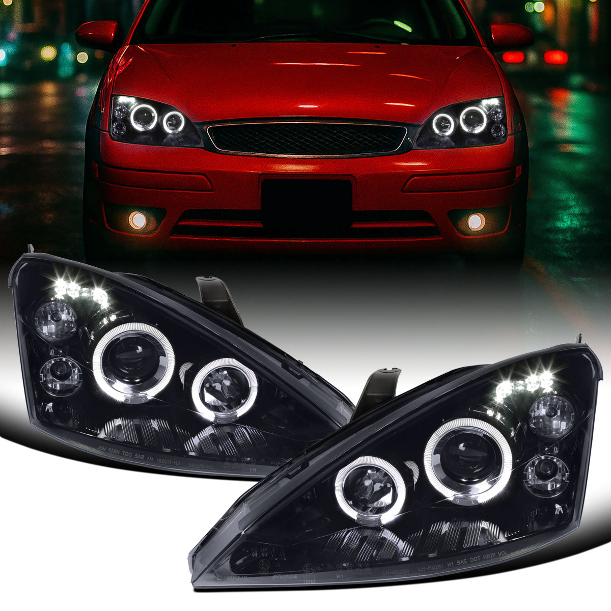Ronnin - Fits 2000-2004 Ford Focus Upgrade Replacement LED Dual Rims Projector Headlights Assembly Pair | Black Smoke