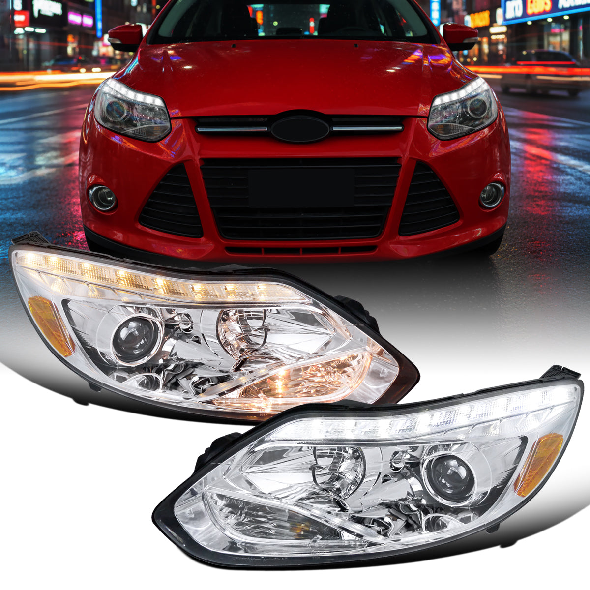 Ronnin - Fits 2012-2014 Ford Focus Upgrade Replacement LED Tube Projector Headlights Assembly Pair | Chrome