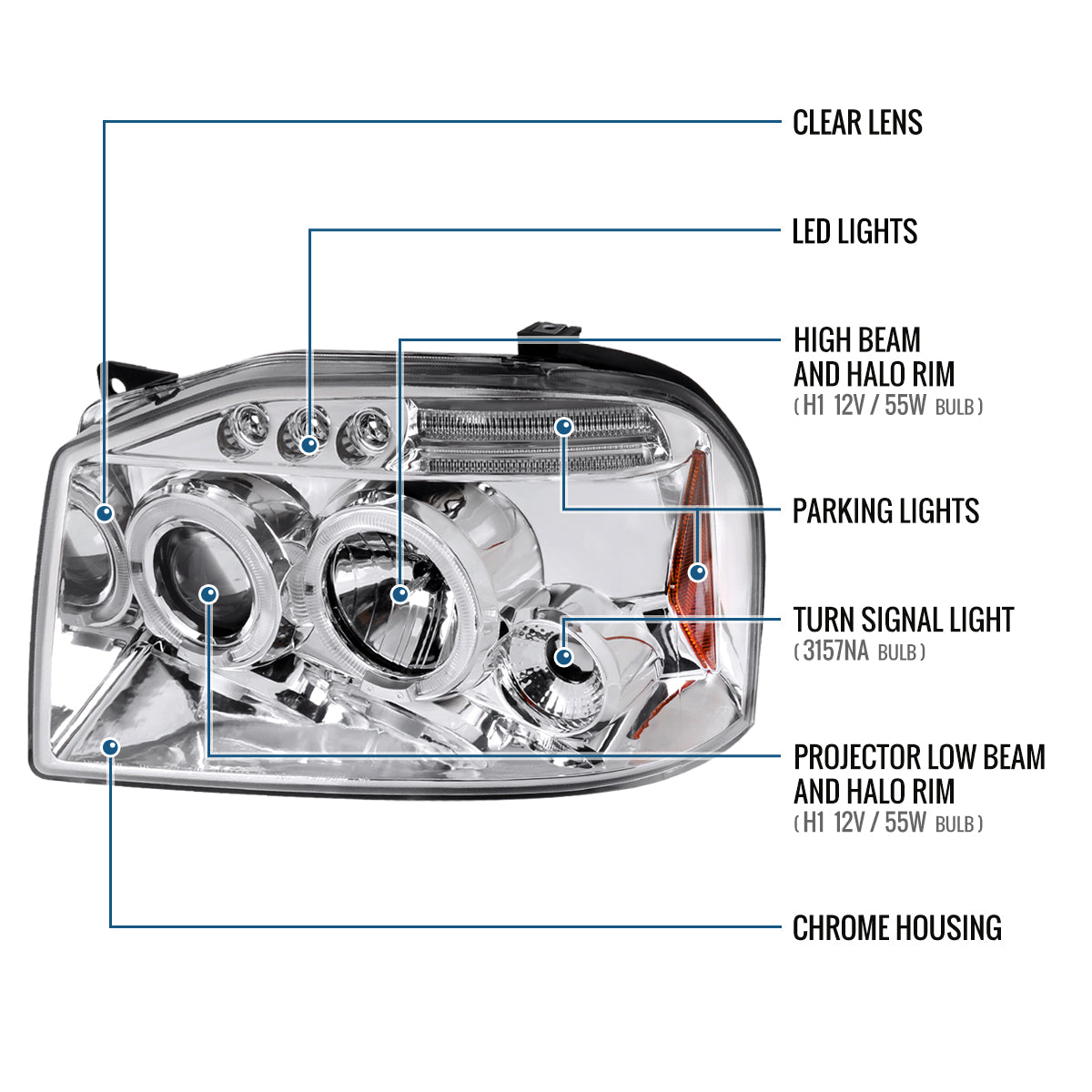 Ronnin - Fits 2001-2004 Nissan Frontier Upgrade Replacement LED Halo Rims Projector Headlights Assembly Pair | Chrome