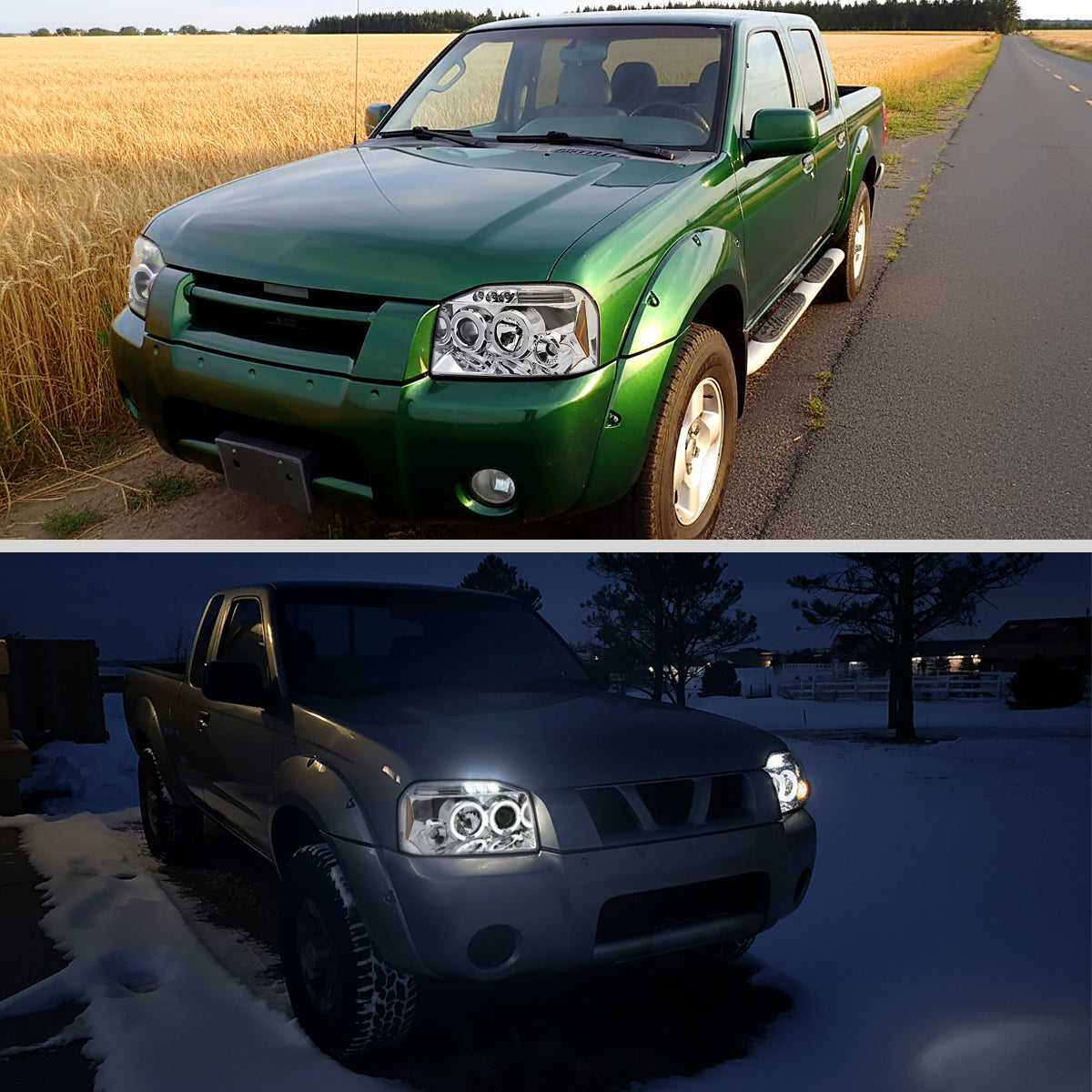 Ronnin - Fits 2001-2004 Nissan Frontier Upgrade Replacement LED Halo Rims Projector Headlights Assembly Pair | Chrome