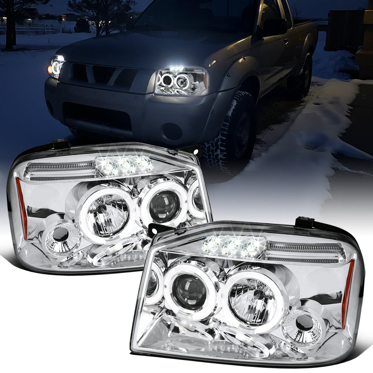 Ronnin - Fits 2001-2004 Nissan Frontier Upgrade Replacement LED Halo Rims Projector Headlights Assembly Pair | Chrome