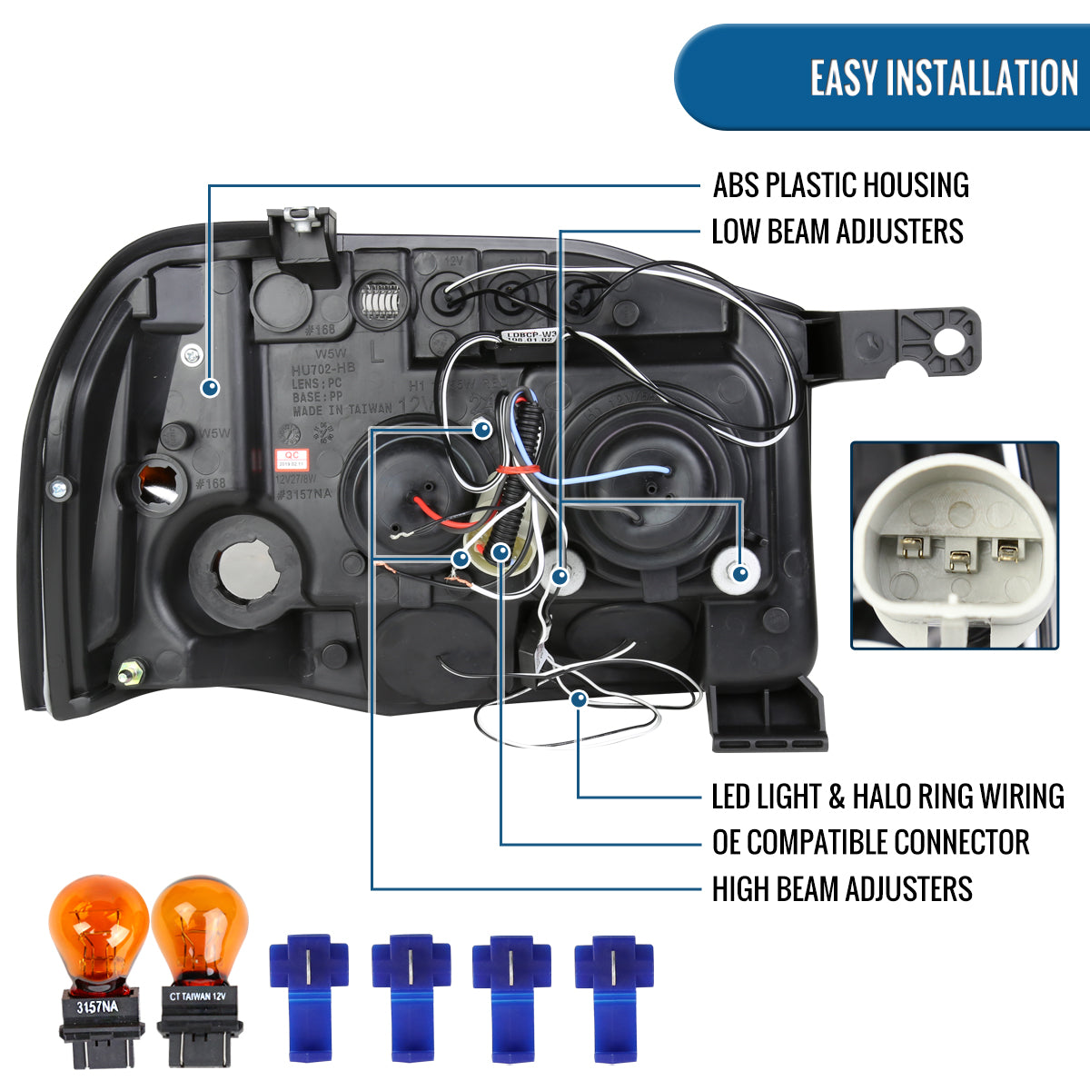 Ronnin - Fits 2001-2004 Nissan Frontier Upgrade Replacement LED Halo Rims Projector Headlights Assembly Pair | Gloss Black