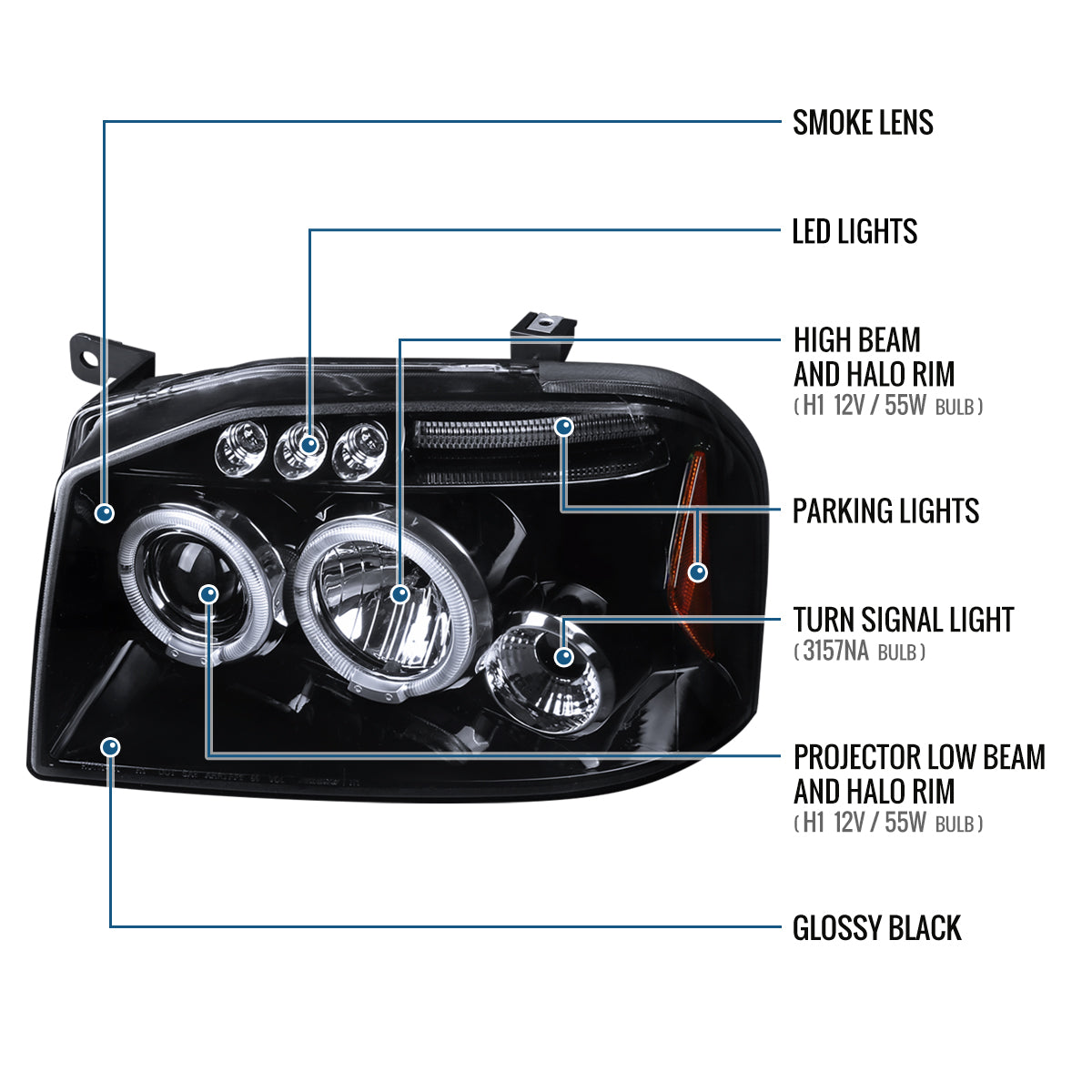 Ronnin - Fits 2001-2004 Nissan Frontier Upgrade Replacement LED Halo Rims Projector Headlights Assembly Pair | Gloss Black
