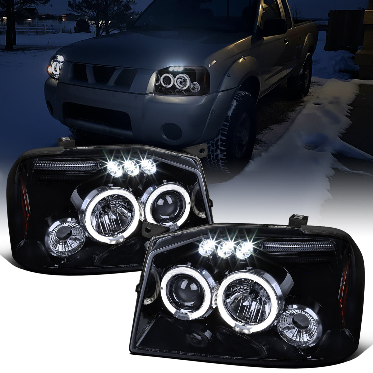 Ronnin - Fits 2001-2004 Nissan Frontier Upgrade Replacement LED Halo Rims Projector Headlights Assembly Pair | Gloss Black