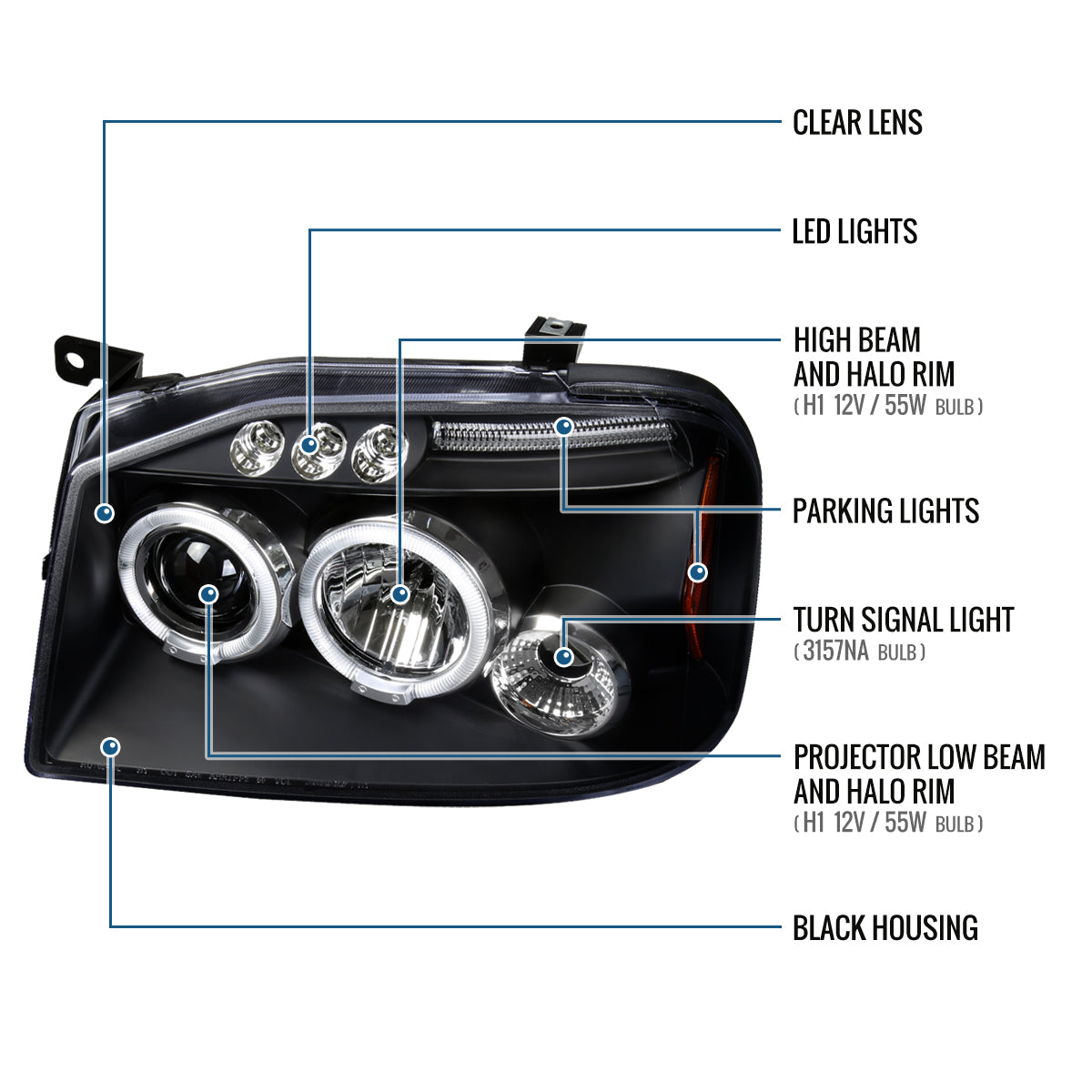 Ronnin - Fits 2001-2004 Nissan Frontier Upgrade Replacement LED Halo Rims Projector Headlights Assembly Pair | Black