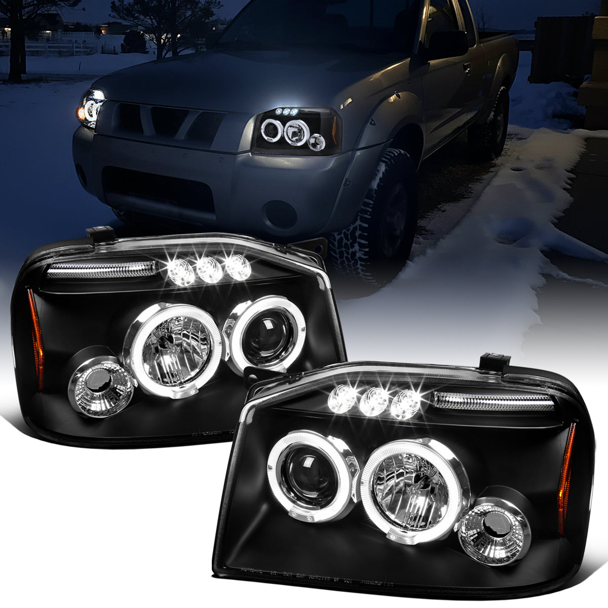 Ronnin - Fits 2001-2004 Nissan Frontier Upgrade Replacement LED Halo Rims Projector Headlights Assembly Pair | Black