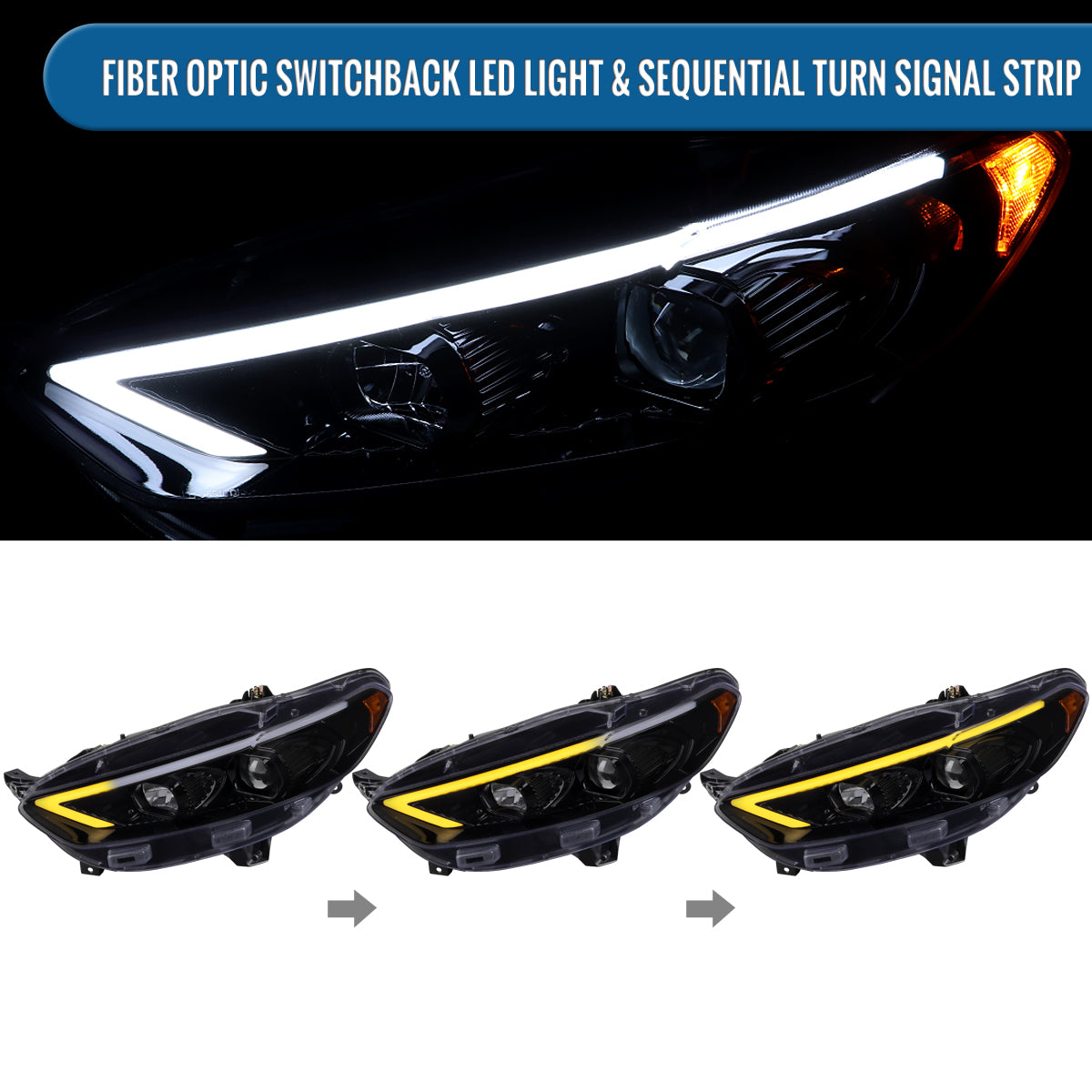 Ronnin - Fits 2013-2016 Ford Fusion LED Switchback Sequential Turn Signals Projector Halogen Headlights Upgrade Assembly Pair | Black Smoke