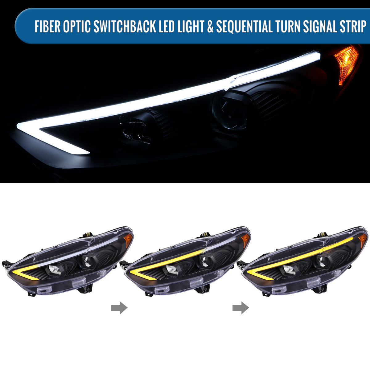 Ronnin - Fits 2013-2016 Ford Fusion LED Switchback Sequential Turn Signals Projector Halogen Headlights Upgrade Assembly Pair | Matte Black
