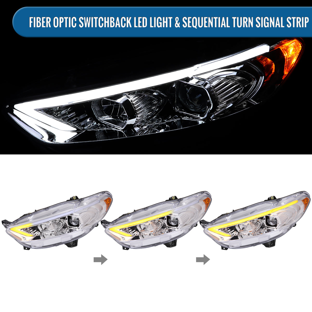 Ronnin - Fits 2013-2016 Ford Fusion LED Switchback Sequential Turn Signals Projector Halogen Headlights Upgrade Assembly Pair | Chrome