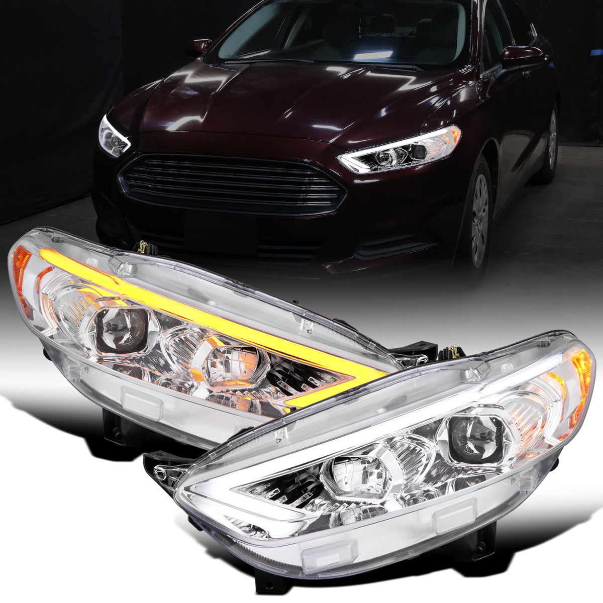 Ronnin - Fits 2013-2016 Ford Fusion LED Switchback Sequential Turn Signals Projector Halogen Headlights Upgrade Assembly Pair | Chrome
