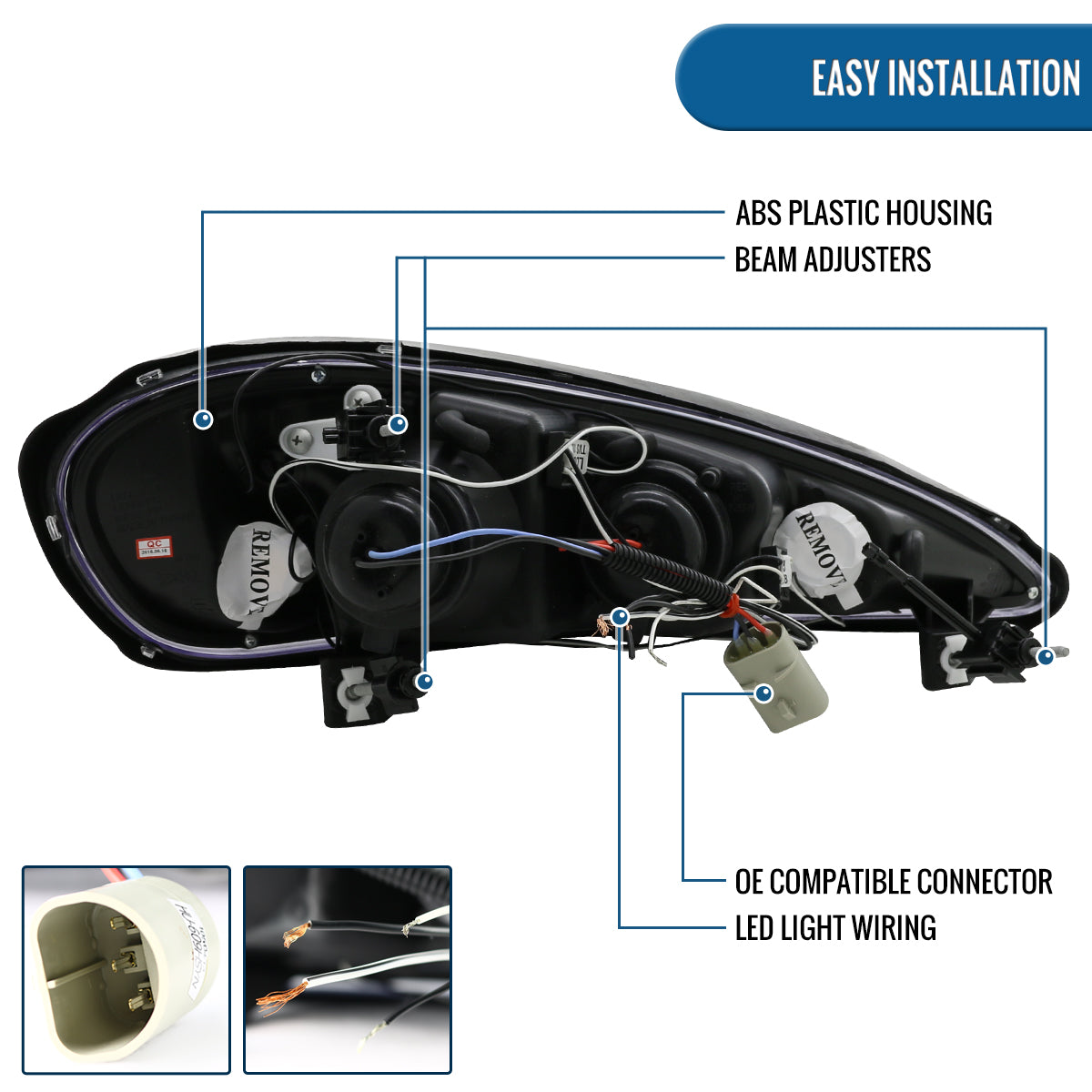 Ronnin - Fits 1999-2005 Pontiac Grand AM Upgrade Replacement LED Dual Rims Projector Headlights Assembly Pair | Black