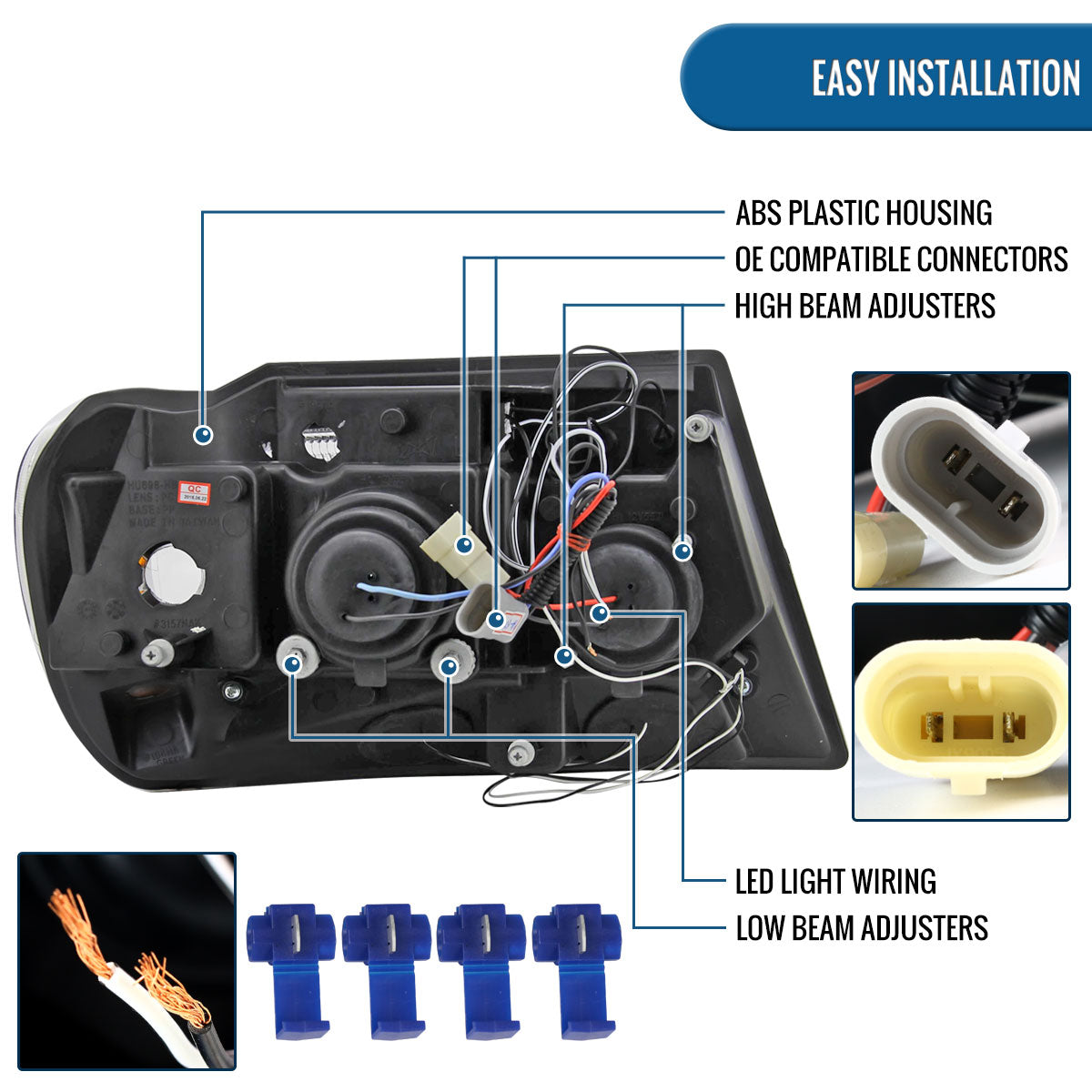 Ronnin - Fits 1999-2004 Jeep Grand Cherokee Upgrade Replacement LED Dual Rims Projector Headlights Assembly Pair | Black