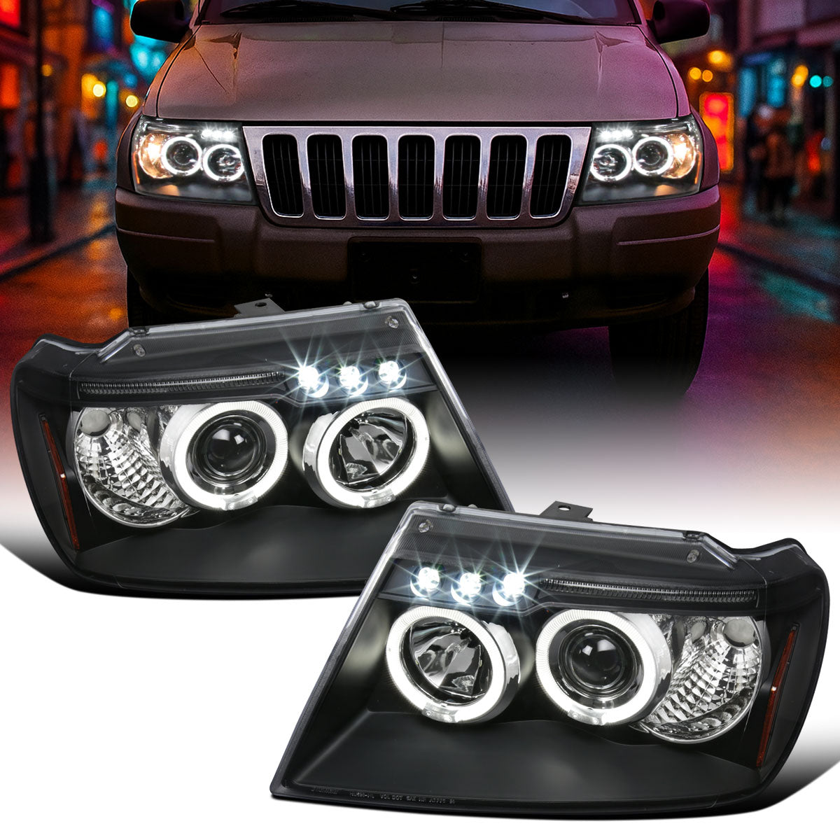 Ronnin - Fits 1999-2004 Jeep Grand Cherokee Upgrade Replacement LED Dual Rims Projector Headlights Assembly Pair | Black