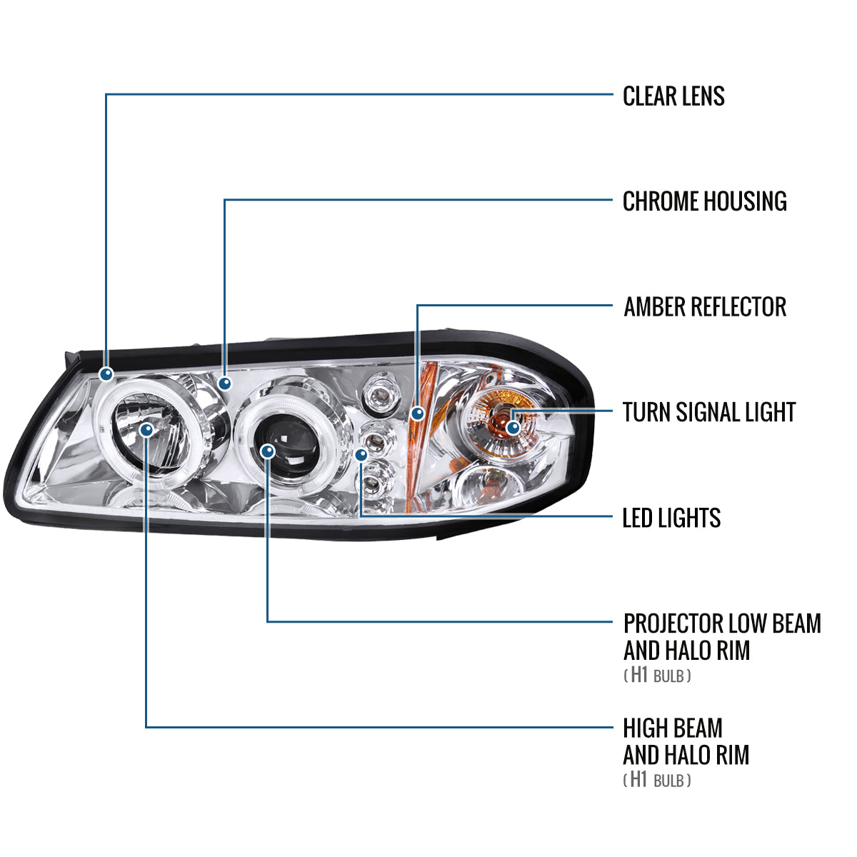 Ronnin - Fits 2000-2005 Chevy Impala Upgrade LED Dual Rims Running Lights Projector Headlights Assembly Pair | Chrome