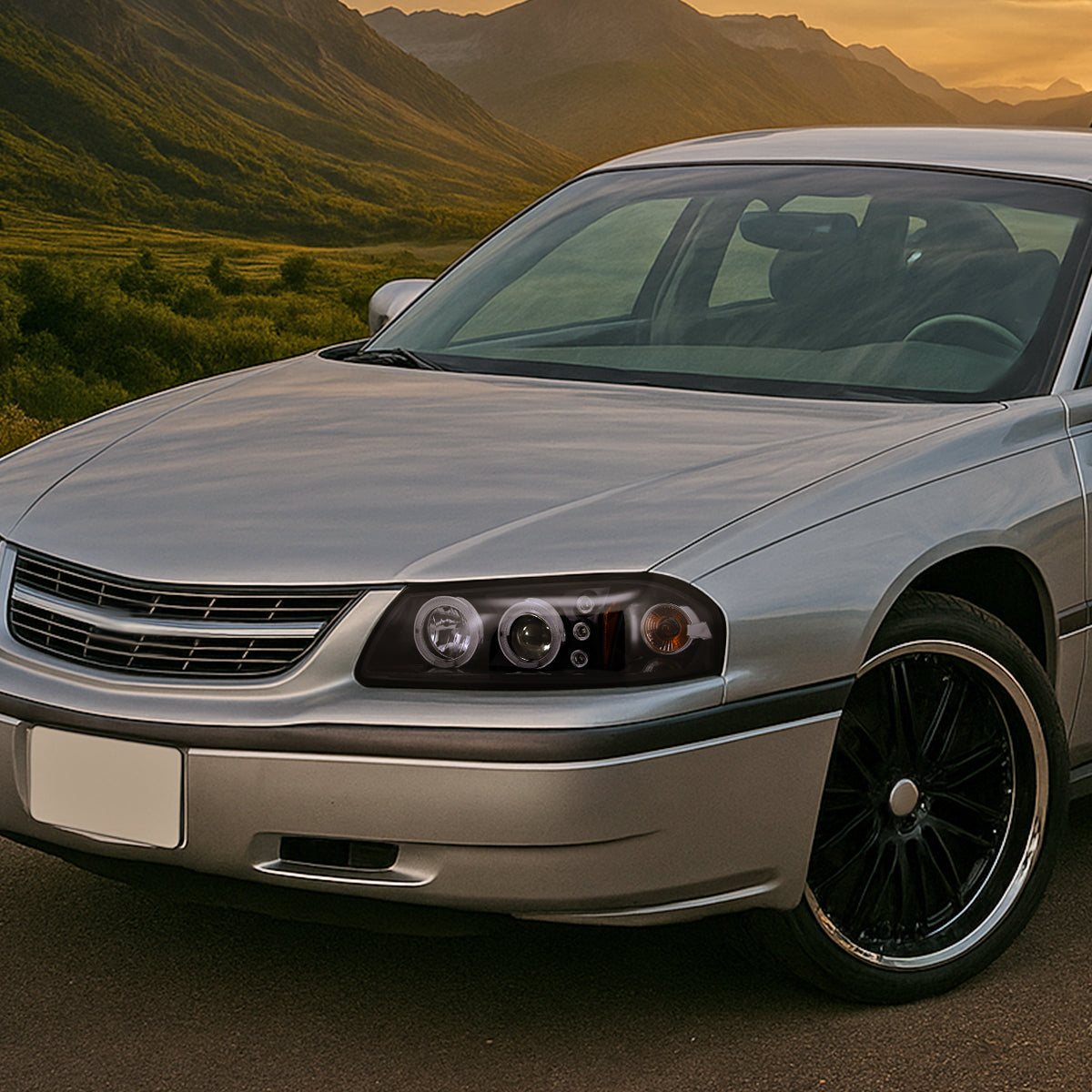 Ronnin - Fits 2000-2005 Chevy Impala Upgrade LED Dual Rims Running Lights Projector Headlights Assembly Pair | Black Smoke