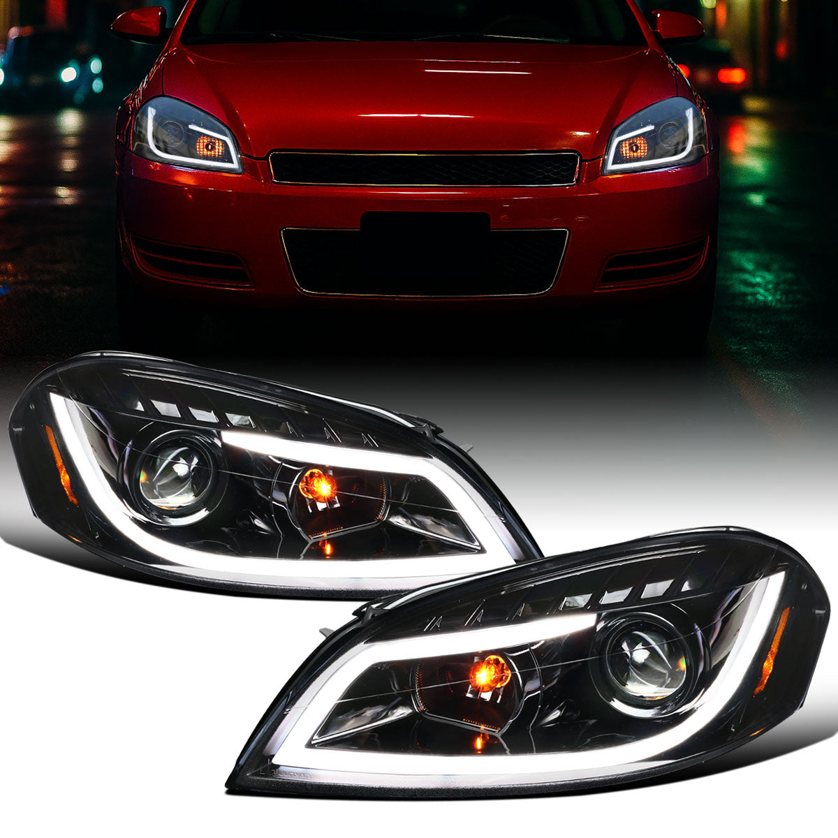 Ronnin - Fits 2006-2016 Chevy Impala 2006-2007 Chevy Monte Carlo Upgrade LED Running Light Tube Projector Headlights Assembly Pair | Gloss Black