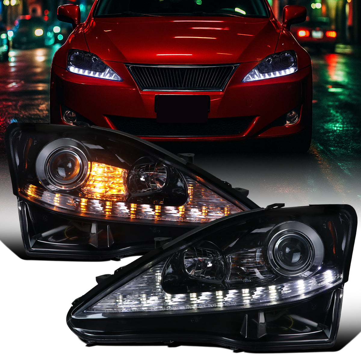 Ronnin - Fits 2006-2010 Lexus IS250 IS350 Upgrade LED Switchback Sequential Turn Signals Projector Halogen Headlights Assembly Pair | Black Smoke